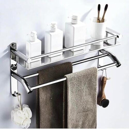 Bathroom Rack Multipurpose Wall Mount Bathroom Organizer Bathroom Accessories Bathroom Shelf, Silver Mirror Finish (2 Layer Shelf)