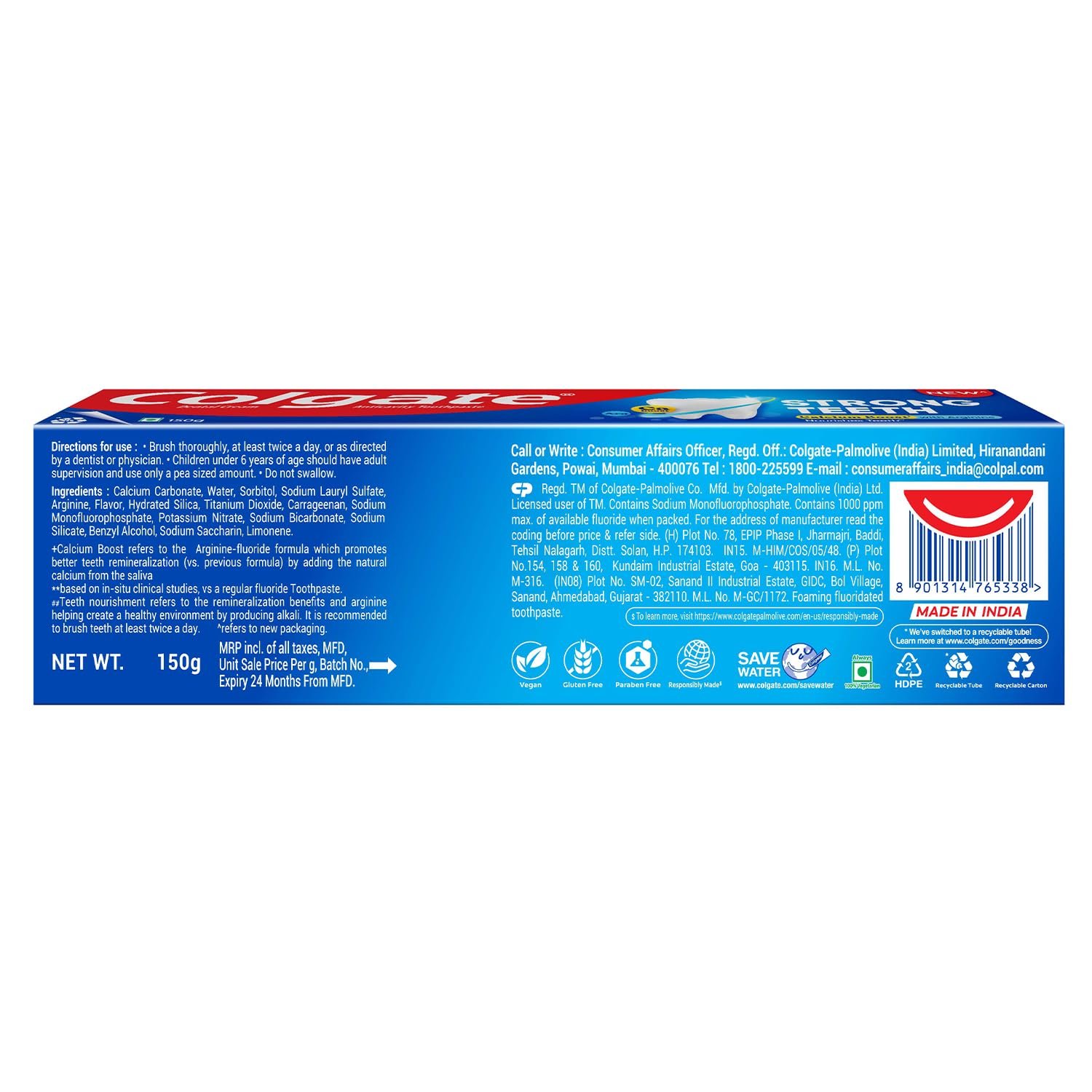 Colgate Strong Teeth, 150g, India’s No: 1 Toothpaste Brand, Calcium-boost for 2X Stronger Teeth, Prevents cavities, Whitens Teeth, Freshens Breath