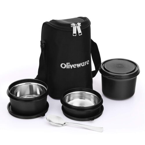 Lunch Box With Steel Spoon, Microwave Safe & Leak Proof, 3 Inner Steel Containers With Bpa Free Airtight Lids (290Ml, 450Ml, & 600Ml),