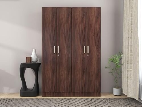 4 Doors Cupboard, Kenzou, with Shelves, Wooden Almirah Walnut Colour (Melamine Finish)