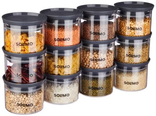"Solimo 12-Piece Airtight Plastic Storage Jar Set: 500 ml BPA-Free Kitchen Containers (Grey)"